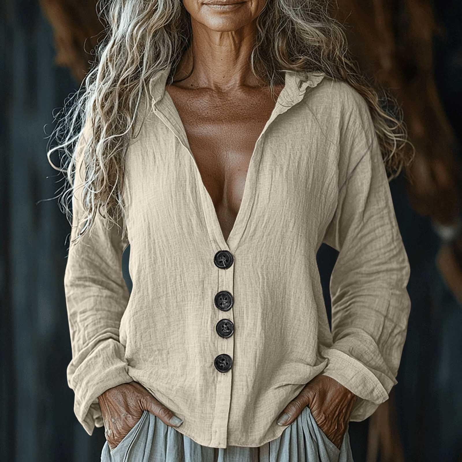 Women's Vintage Solid Color V-neck Linen Shirt