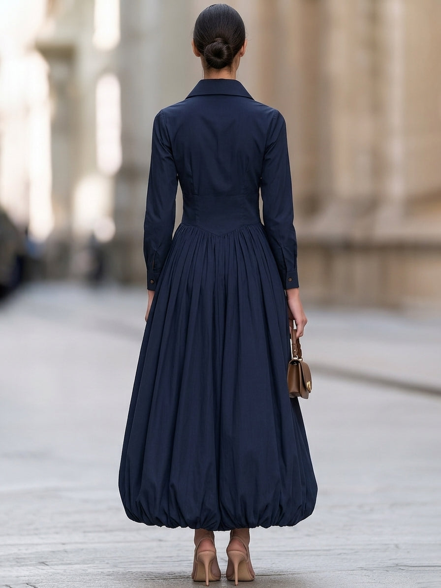 Navy Button Front Long Sleeve A-Line Midi Dress