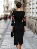 Floral Embroidery Sleeve Sheath Midi Dress