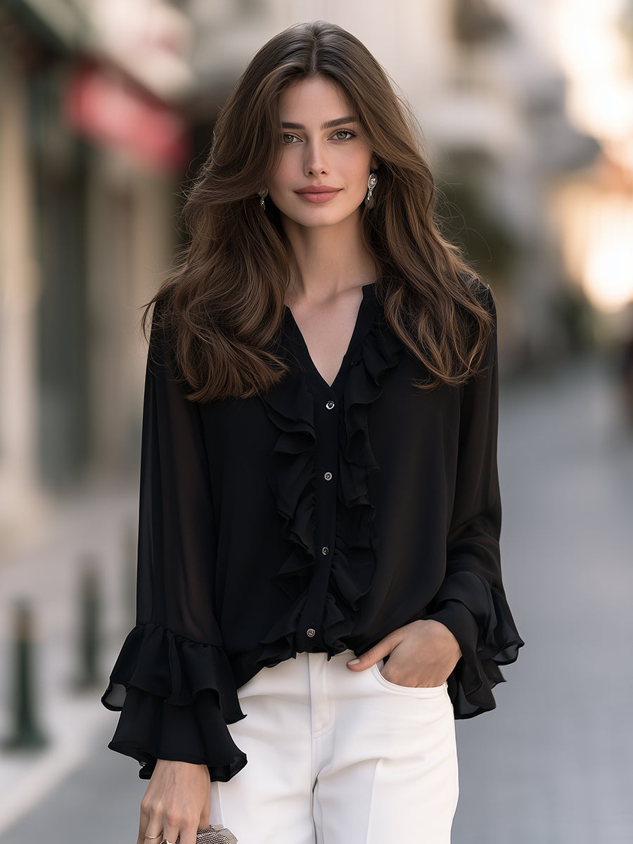 Ruffled Chiffon V-Neck Tiered Bell Cuffs Blouse