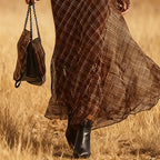 Women's Vintage Autumn/Winter Western Country  V-Neck Chiffon Plaid Print Dress