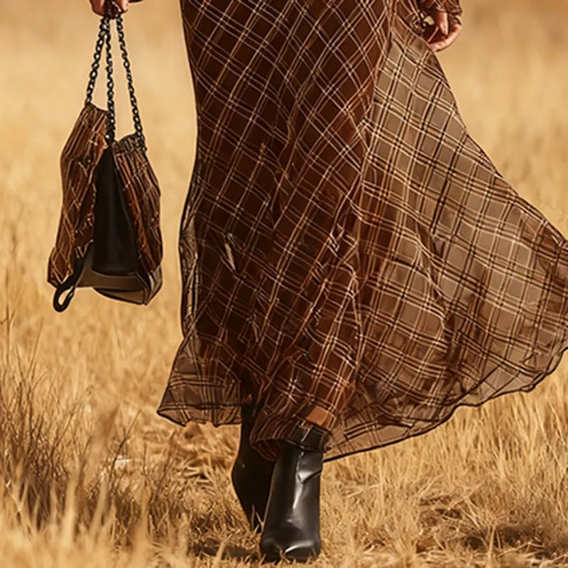 Women's Vintage Autumn/Winter Western Country  V-Neck Chiffon Plaid Print Dress