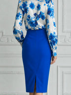 Blue Floral Satin Blouse & Cobalt Pencil Skirt Set