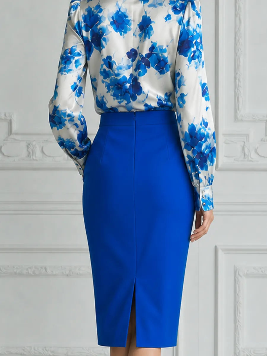 Blue Floral Satin Blouse & Cobalt Pencil Skirt Set