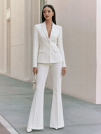 Women's Pearl Beaded Sleeve Blazer & Flare Pants Two-Piece Suit Set