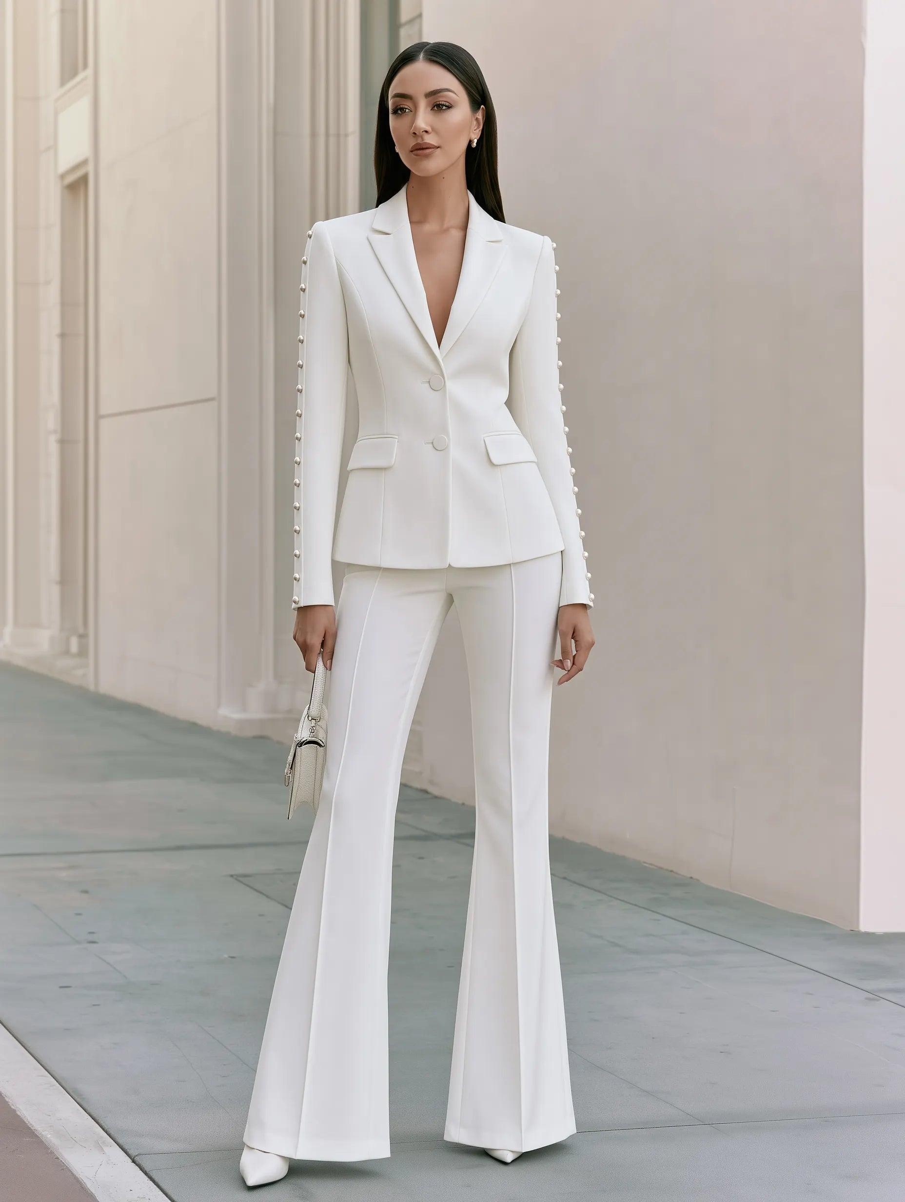 Women's Pearl Beaded Sleeve Blazer & Flare Pants Two-Piece Suit Set