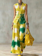 Elegant Abstract Print V-neck Sleeveless Shirt And Wide Leg Pants Two Piece Set