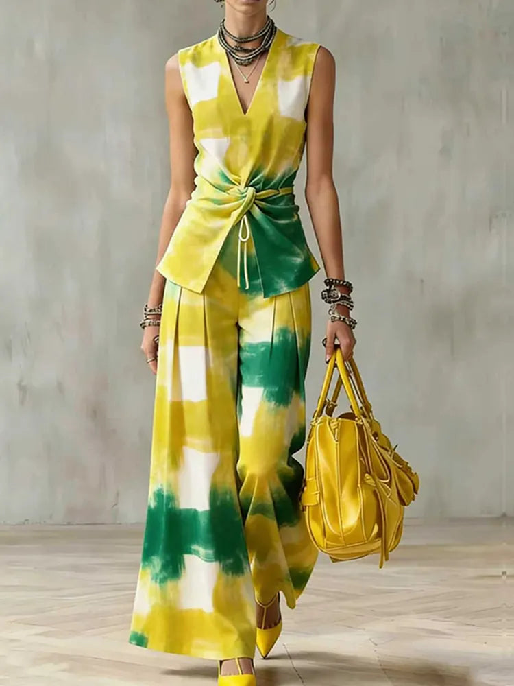 Elegant Abstract Print V-neck Sleeveless Shirt And Wide Leg Pants Two Piece Set