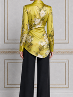 Green Floral Satin Wrap Shirt & Black Wide-Leg Trousers Two-Piece Set