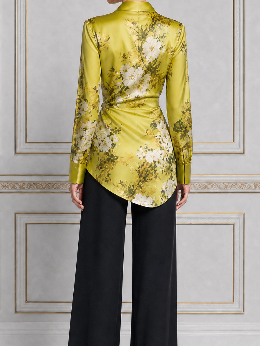 Green Floral Satin Wrap Shirt & Black Wide-Leg Trousers Two-Piece Set