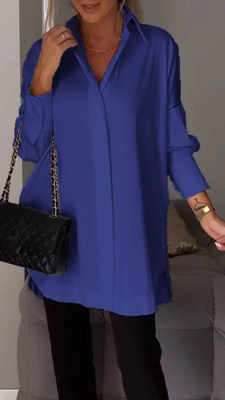 Women Long Sleeve Blouse Lapel Slit Shirt