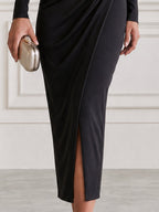 Cowl Neck Long Sleeve Ruched Front Slit Midi Dress