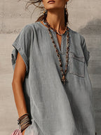 Gray Washed Loose Mini Dress With Pink Ruffles