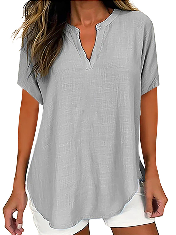 Solid Color V Neck Short Sleeve Linen Blend Shirt