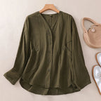 Solid Color V-Neck Long Sleeved Loose Shirt