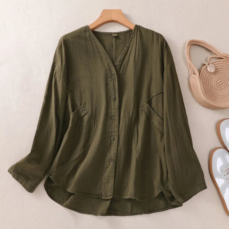 Solid Color V-Neck Long Sleeved Loose Shirt