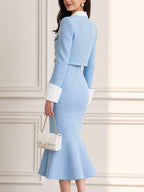 Tweed Contrast Collar Cropped Jacket & Fishtail Midi Skirt Two-Piece Set