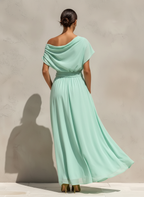 Women's Mint Green Chiffon Maxi Dress With Off-the-Shoulder Draped Neck & Belted Waist, Timeless Romantic-Resort Style Dress