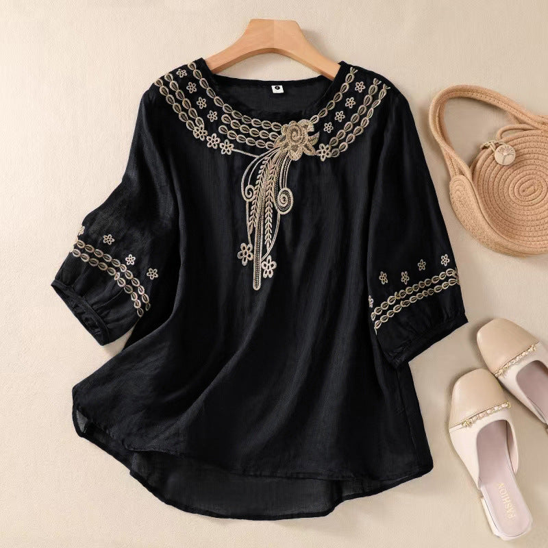 Women's Casual Floral Embroidered Linen Blend Blouse