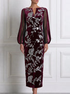Silver Sequin Floral Sheer Stripe Sleeve Split-Neck Velvet Bodycon Maxi Dress