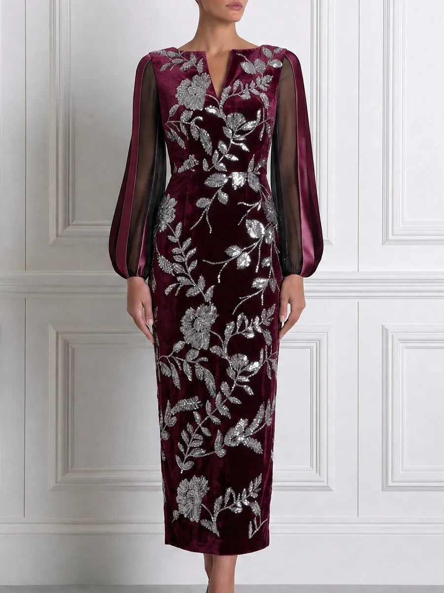 Silver Sequin Floral Sheer Stripe Sleeve Split-Neck Velvet Bodycon Maxi Dress