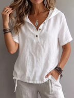 Women's Temperament Hooded Top Loose Short-sleeved Half-open Placket Covering Meat Shirt