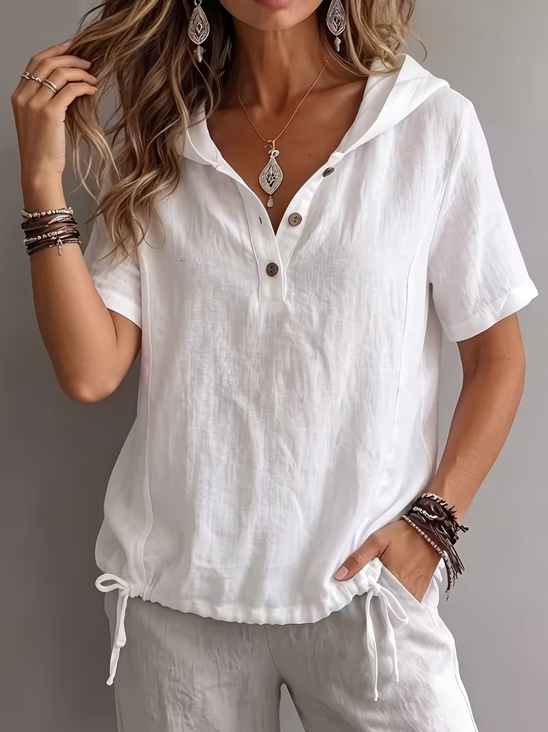 Women's Temperament Hooded Top Loose Short-sleeved Half-open Placket Covering Meat Shirt