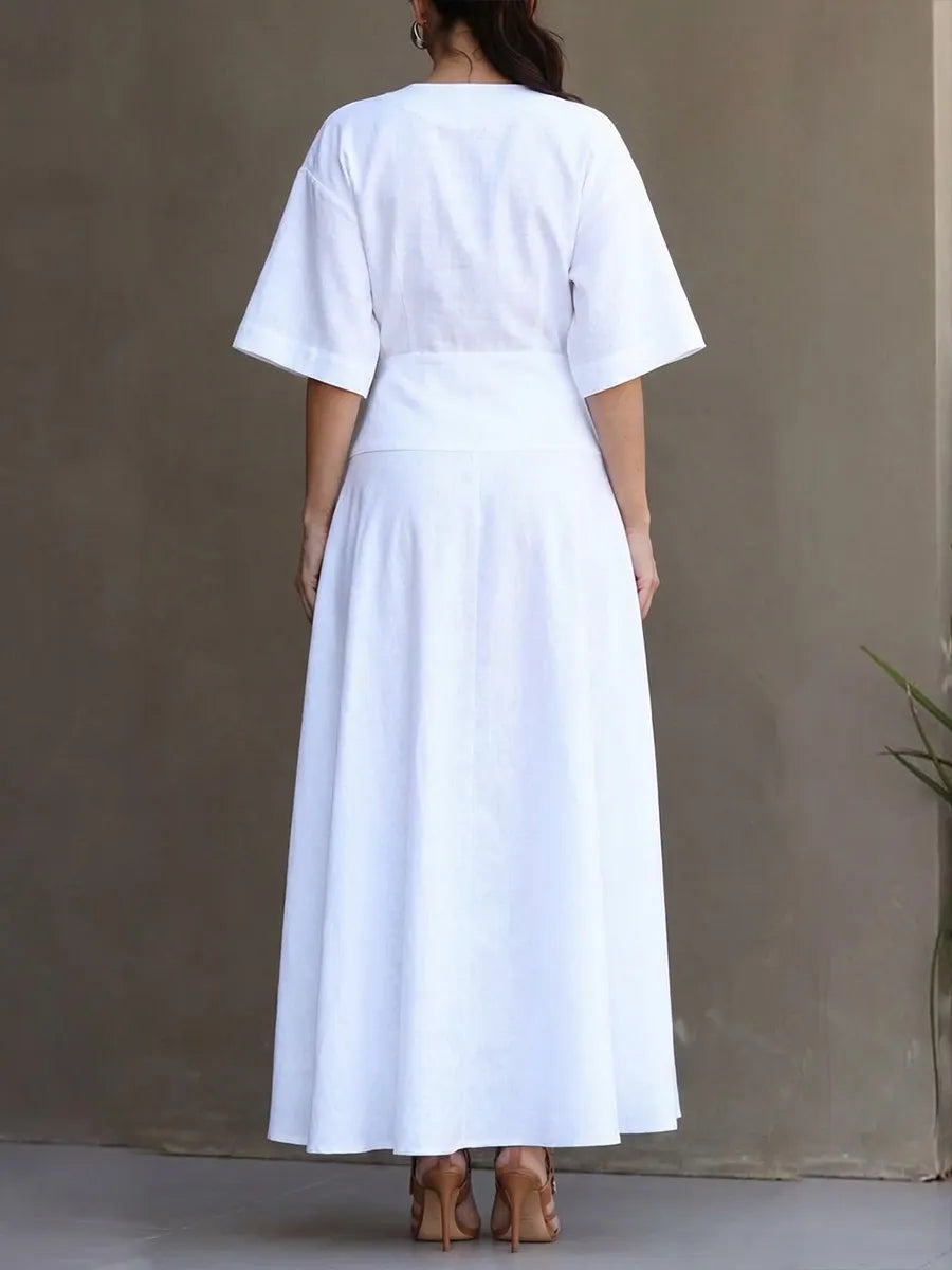 Women's Solid-color Round-neck 3/4-sleeve Casual Loose Cotton-linen Dress