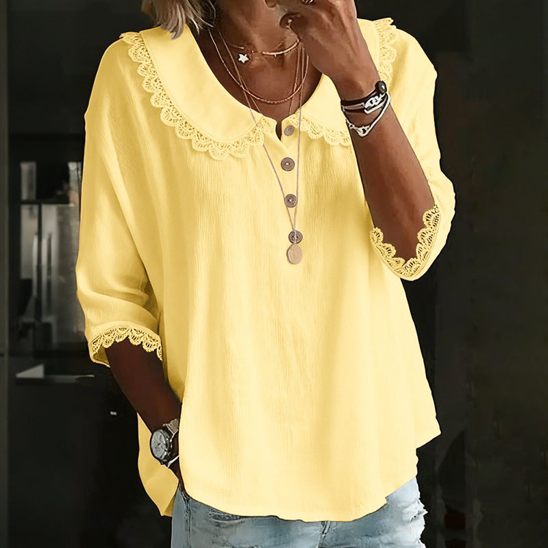 Women's  Retro Collared Lace-trimmed Solid Color Button-up Shirt