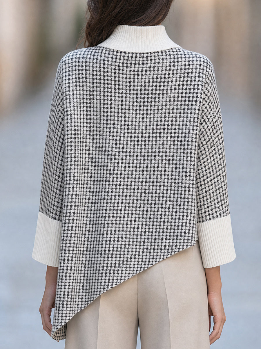 Houndstooth Spliced Knit Sweater Asymmetric Hem Mock Neck Batwing Top