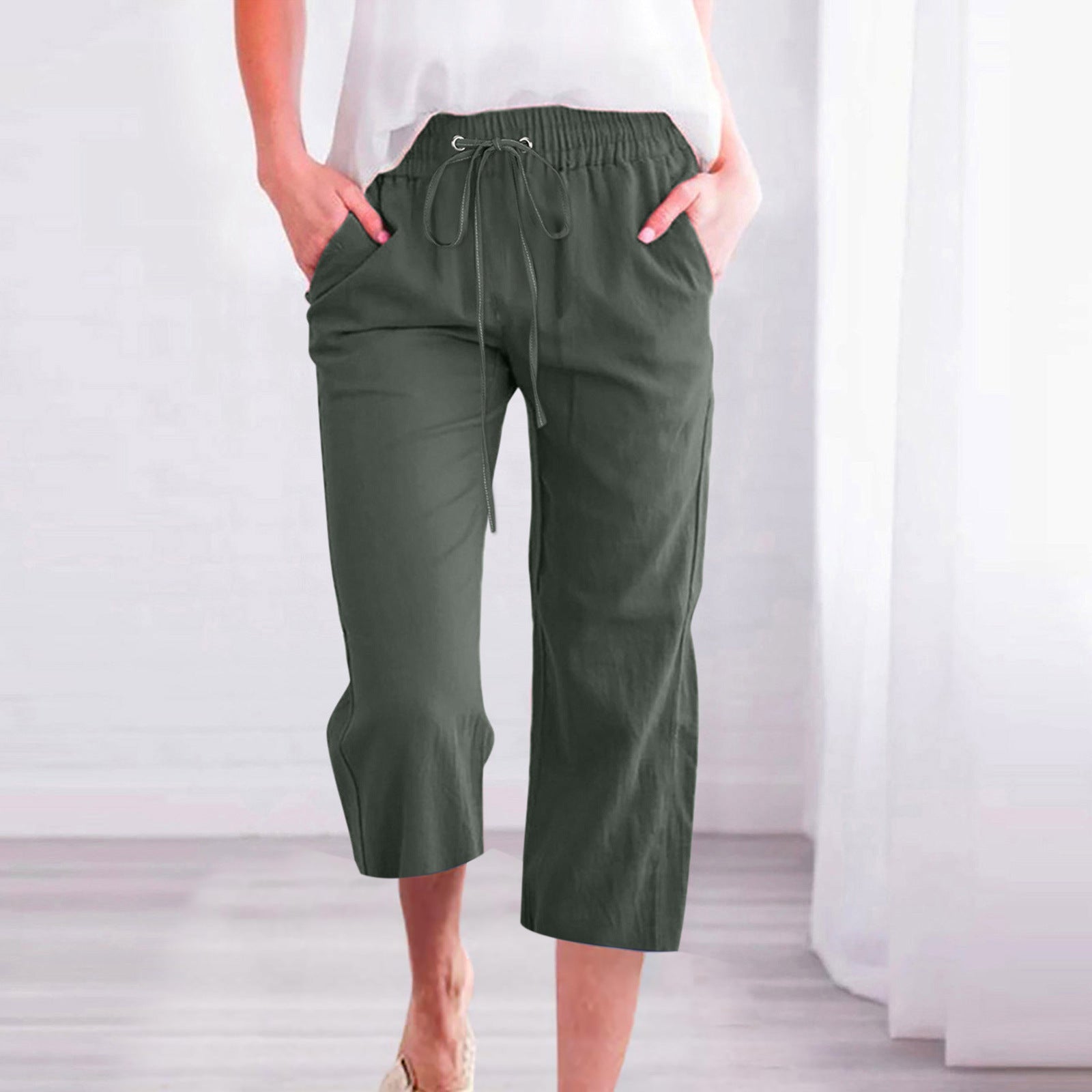 Women's Casual Summer Linen Pants High Waisted Loose Yoga Sweatpants Crop Pants with Pockets
