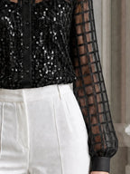 Grid Mesh Patchwork Sequin Long Sleeve Shirt