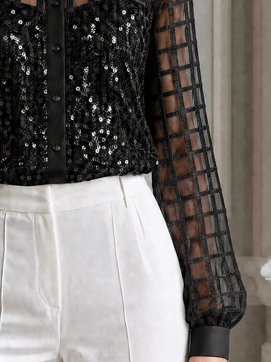 Grid Mesh Patchwork Sequin Long Sleeve Shirt