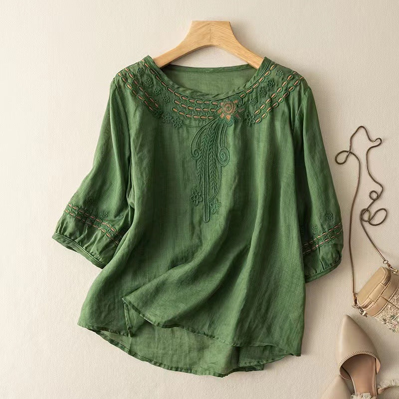 Women's Casual Floral Embroidered Linen Blend Blouse