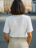 Lace-Trim V-Neck Button-Front Short Sleeve Blouse