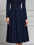 Navy Blue Peter Pan Collar Double Breasted Fit And Flare Midi Dress