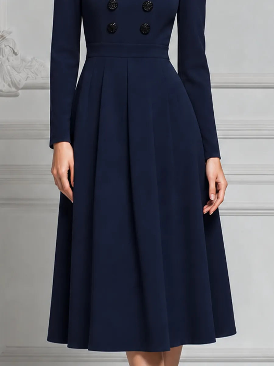 Navy Blue Peter Pan Collar Double Breasted Fit And Flare Midi Dress