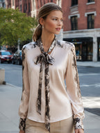 Satin Snake-Print Tie-Neck Blouse