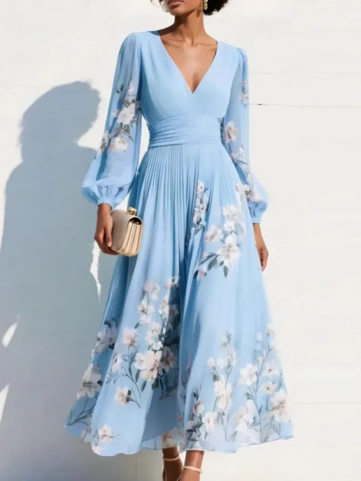 Romantic Floral Print V-neck Midi Dress