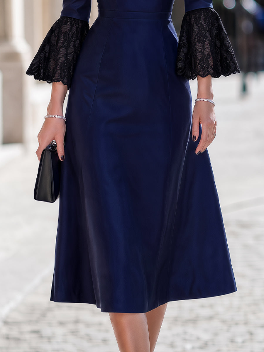 Lace-Trimmed Bell-Sleeve Structured Midi Dress