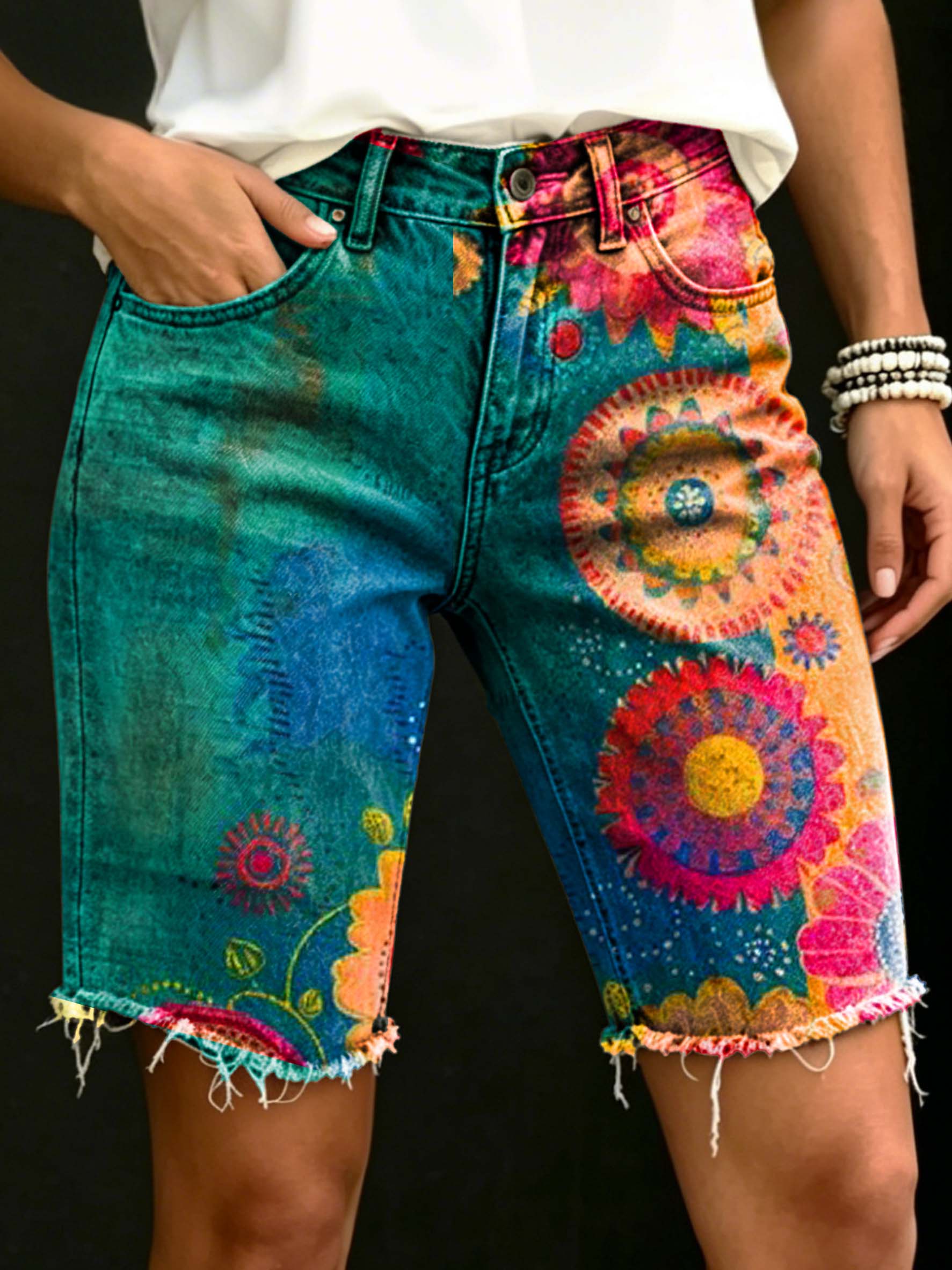 Women's Ethnic Colorful Mandala Totem Art Print Casual Denim Shorts