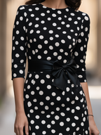 Polka Dot Print Bow-Waist Sheath Dress With 3/4 Sleeves