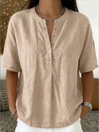 Casual Henley Collar Linen And Cotton Short-sleeve Shirt