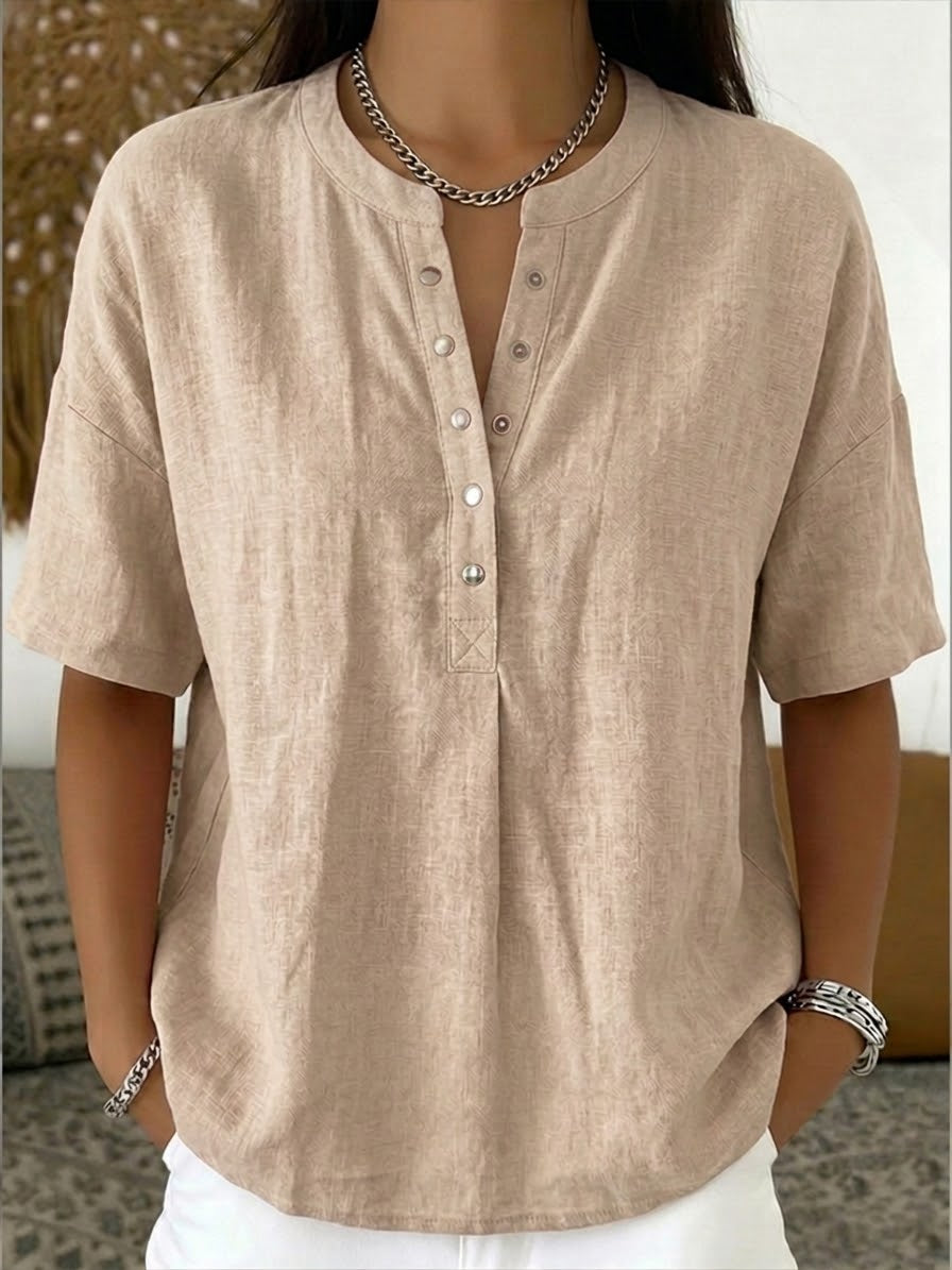Casual Henley Collar Linen And Cotton Short-sleeve Shirt