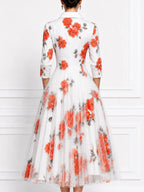 White Watercolor Red Floral Print Shirt Collar Pleated Tulle A-Line Midi Dress