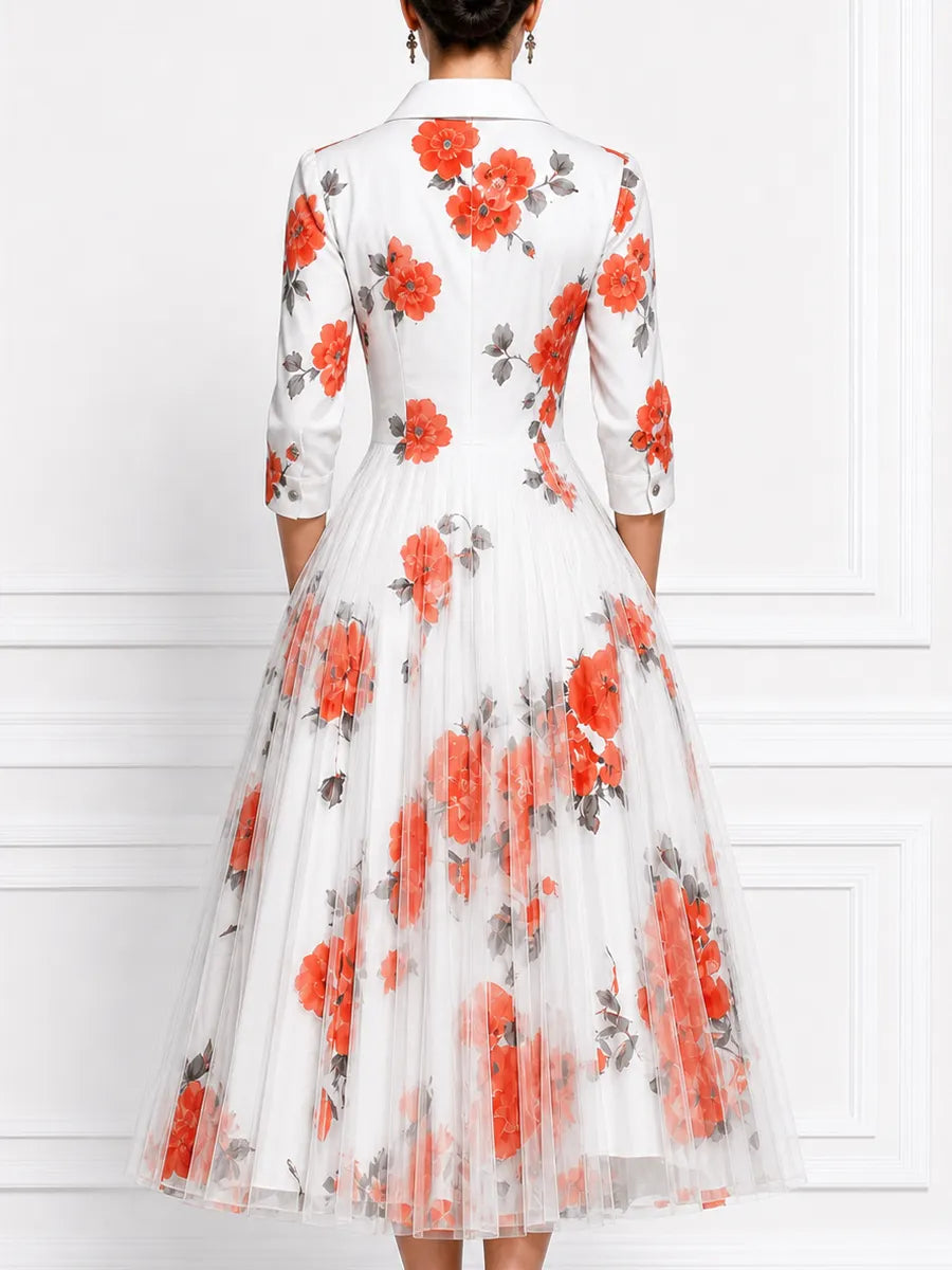 White Watercolor Red Floral Print Shirt Collar Pleated Tulle A-Line Midi Dress