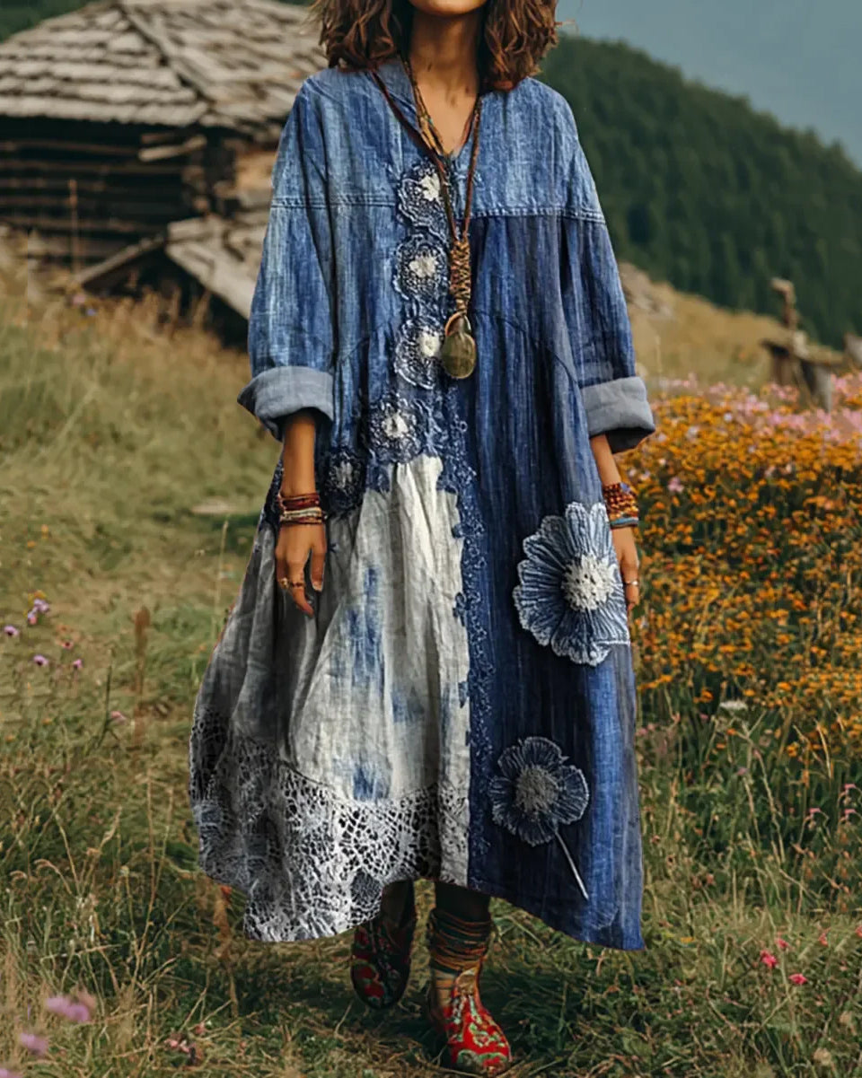 V-neck Ethnicity Patchwork Texture Blue Flowers Casual Long Sleeve Dress