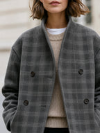 Grey Plaid Stand Collar Double-Breasted Cropped Wool Jacket