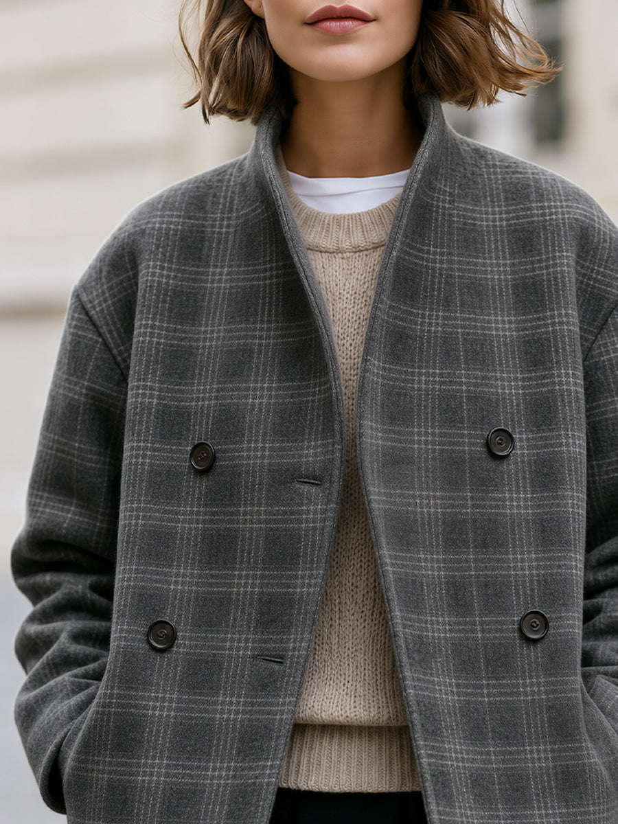 Grey Plaid Stand Collar Double-Breasted Cropped Wool Jacket