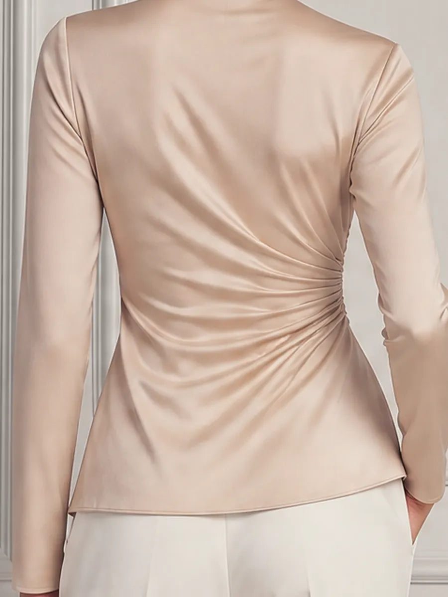 Champagne Satin High Neck Ruched Long Sleeve Blouse